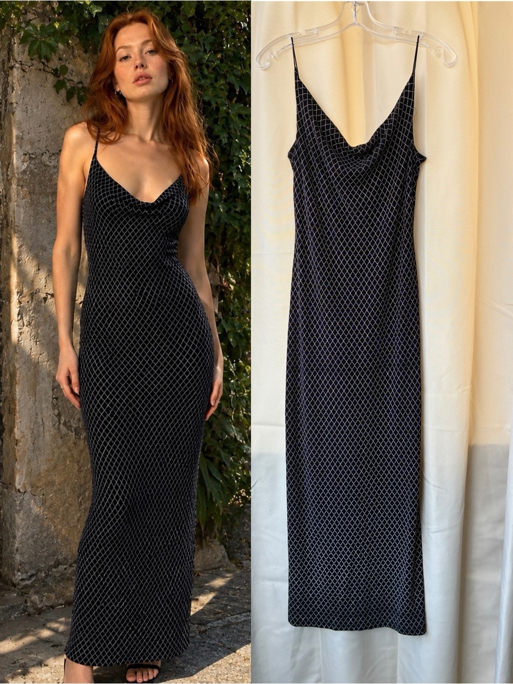 NWT Vintage 90s/Y2K Sparkle Cowl Neck Spaghetti Strap Bodycon Maxi Dress Large
